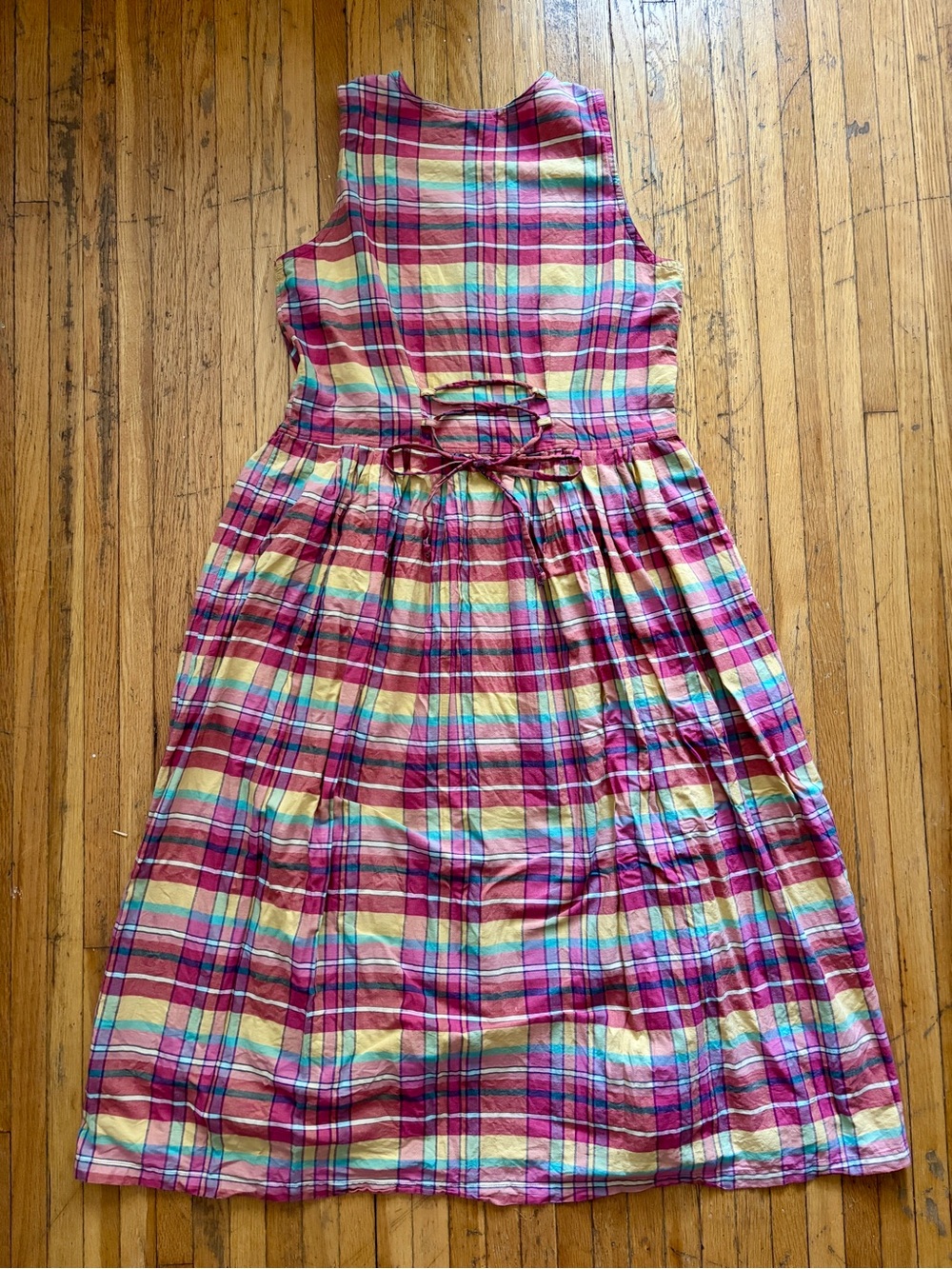 Vintage 90s colourful madras plaid sleeveless button down maxi dress - Picture 2 of 4